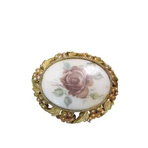 Gold Tone Rose Flower Cameo Style Brooch